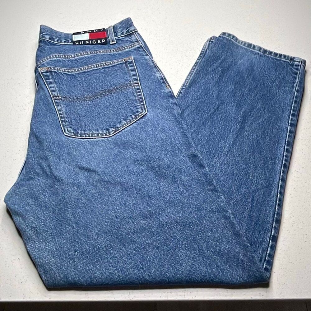 Vintage Tommy Hilfiger Jeans Men’s 36x32 Blue Relaxed Straight 90s Flag Logo Den